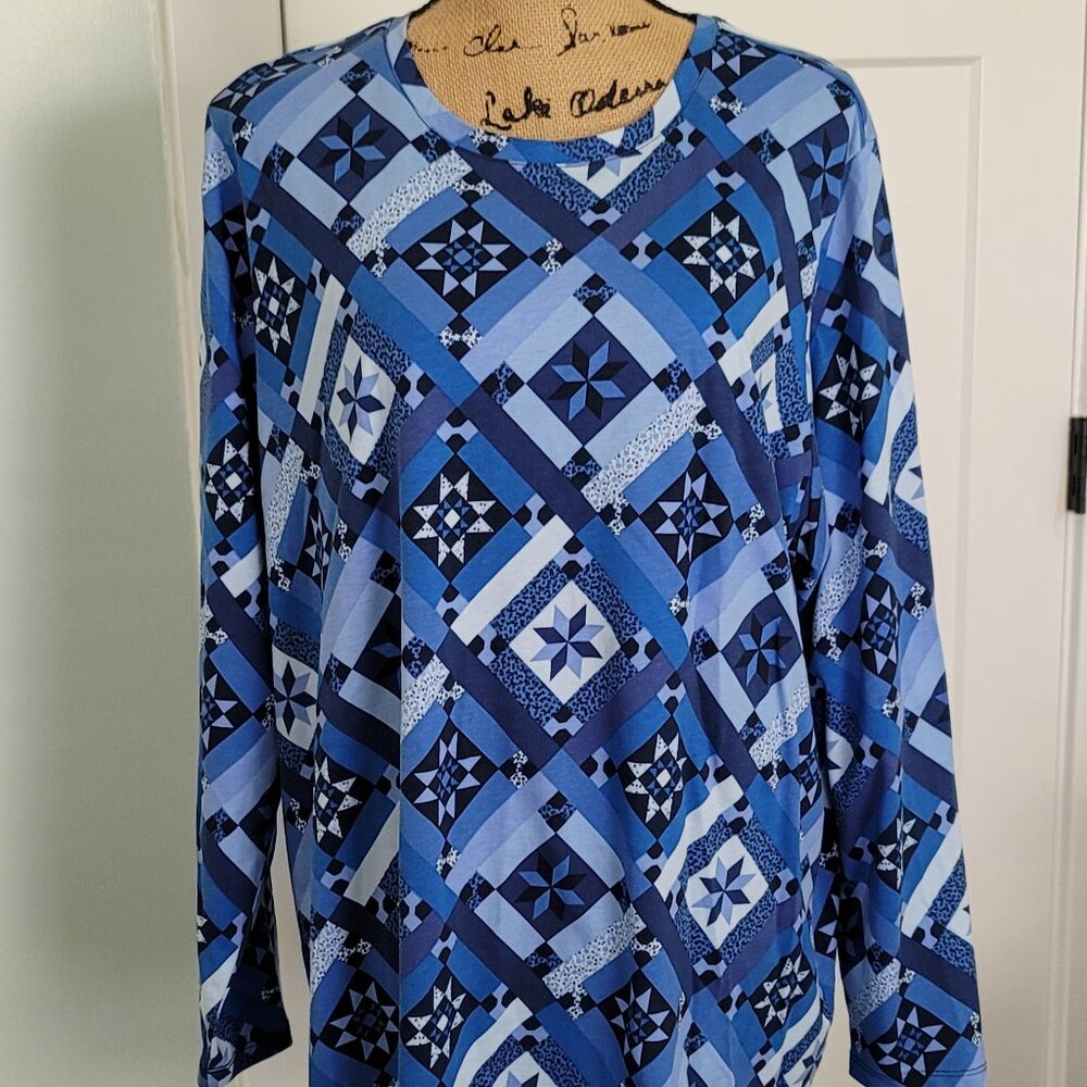 ***Lands End Blue Geometric Print Long Sleeve T-shirt 2X***